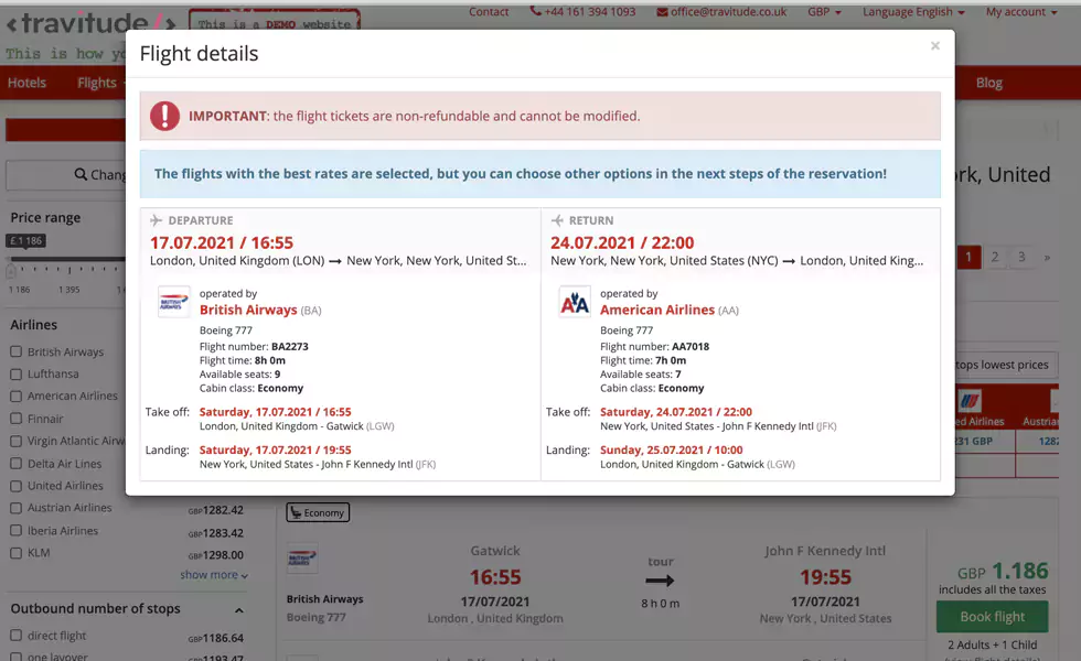 Search and select flights offers using multiple filters