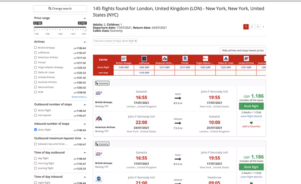 Search and select flights offers using multiple filters
