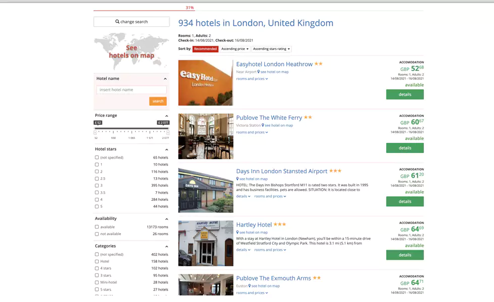 Search and select accommodations using multiple filters